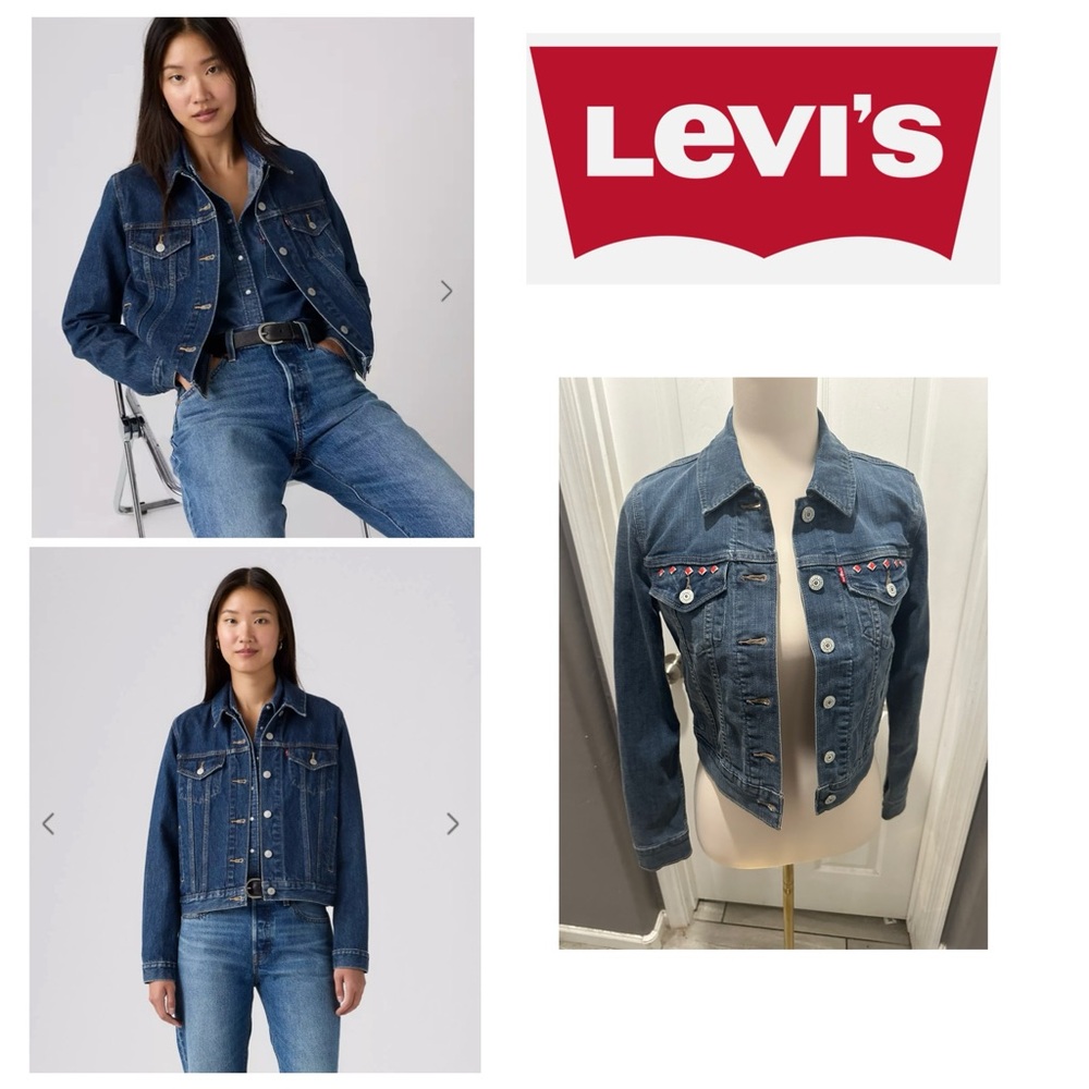 Levi's Women's Blue denim trucker Jacket with‎ red stud accents
